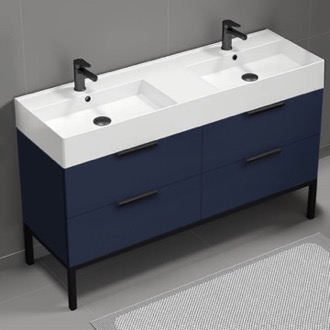 Bathroom Vanity Modern Double Bathroom Vanity, Navy Blue, 56 Inch, Free Standing Nameeks DERIN461